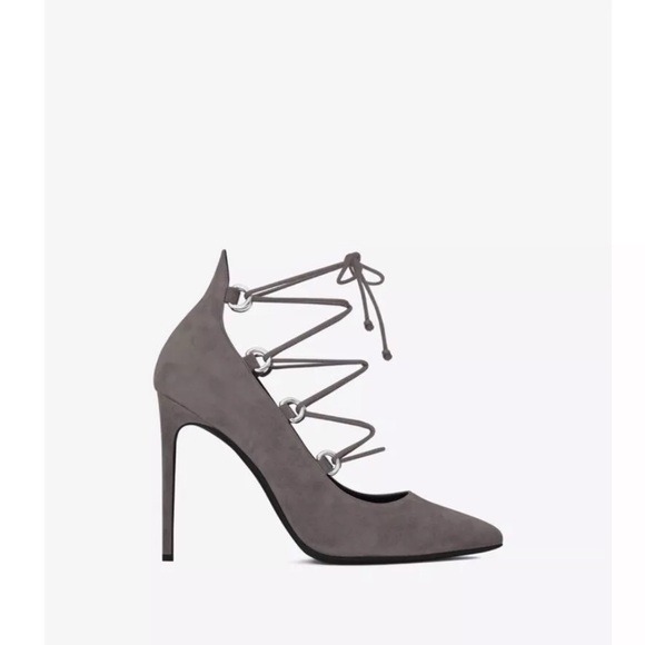 Saint Laurent Paris YSL Road Gray 105 Lace Up Pumps 38 1/2 NIB - Picture 2 of 6